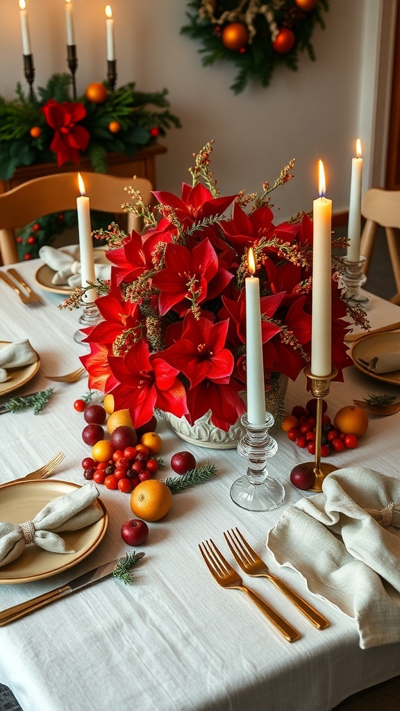 Christmas Table Decorations Ideas for New Zealand Christmas table setting in New Zealand with pohutukawa flowers, seasonal fruits, and natural decor.
